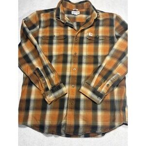 Carhartt Original Fit Flannel‎ Shirt M Orange Black Buffalo Plaid Long Sleeve